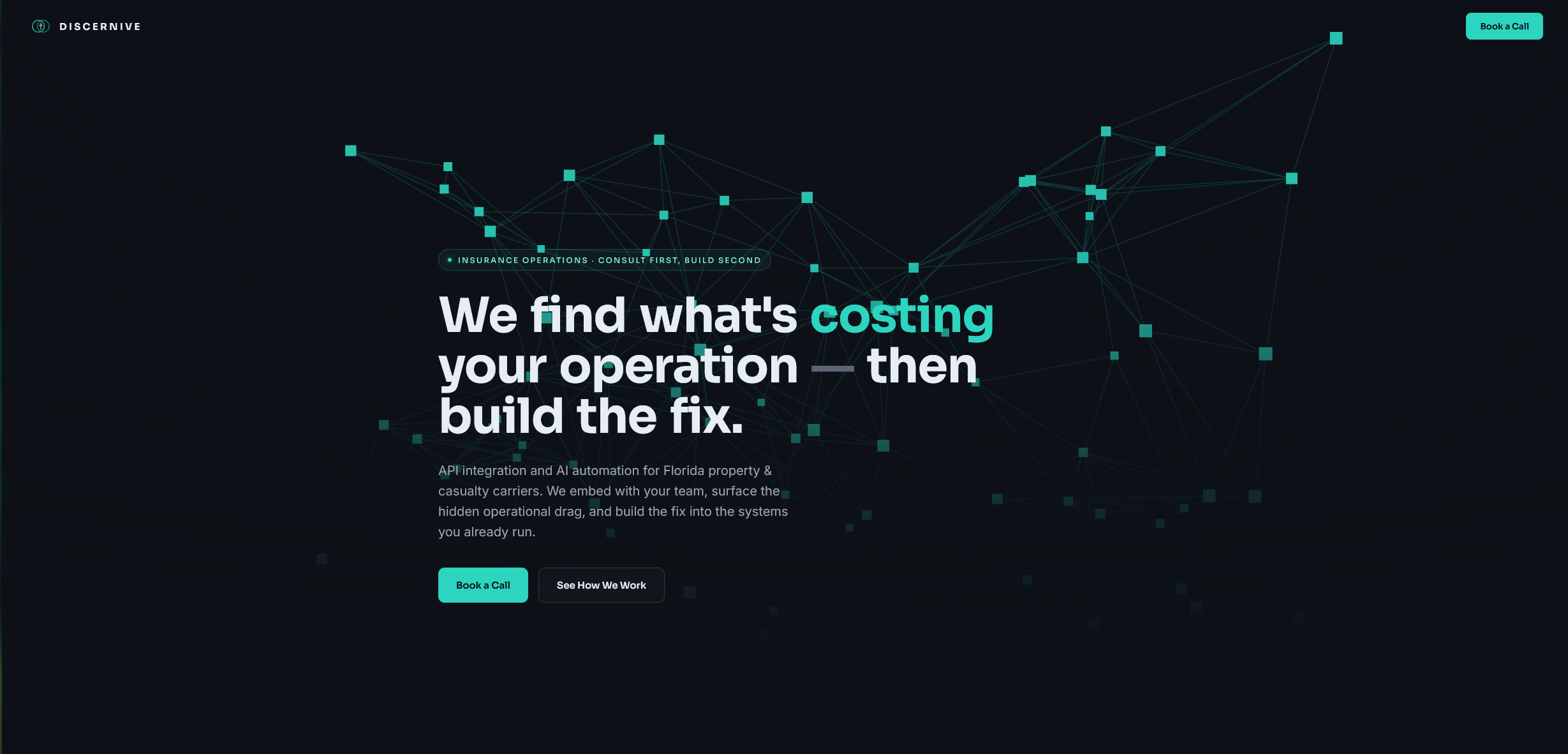 Discernive homepage: 'We find what's costing your operation — then build the fix.'