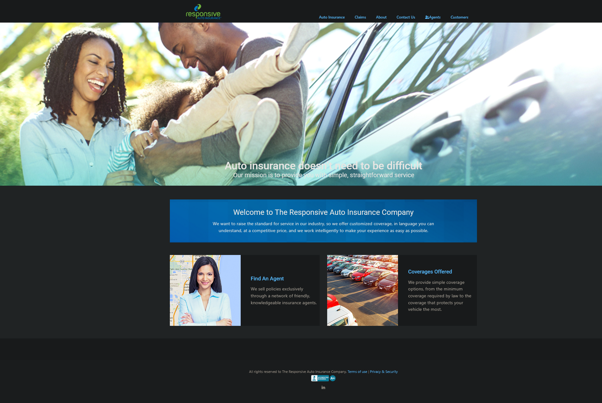 Responsive Auto Insurance homepage with a quote form and the tagline 'Fast, easy and affordable'